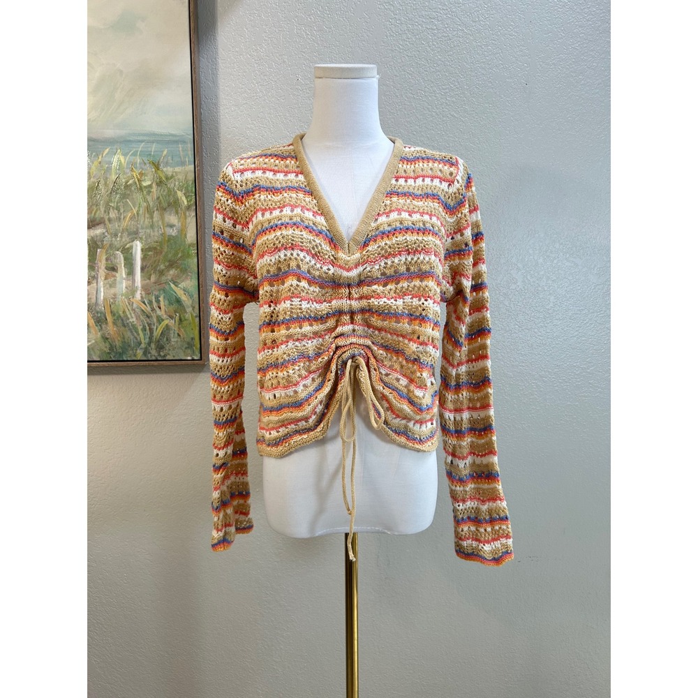 Jolie & Joy Striped Pointelle Knit Cinched Front Top Tan XL